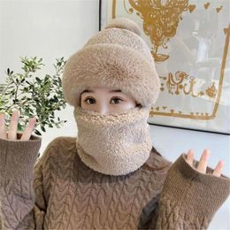 Berets Fashion Pure Color Beanies Caps Winter Warm Hat Plush Scarf Mask Set Casual Faux Fur Women