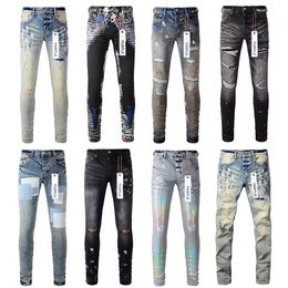 Jeans firmati viola per uomo skinny moto alla moda con buco patchwork strappato tutto l'anno marchio all'ingrosso con gamba sottile