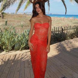 Casual Dresses Sexy Strapless Bodycon Lace Dress Off Shoulder See Through Maxi Women Vestidos Elegant Vacation Party Clubwear Outfits