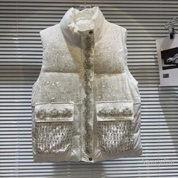 Women's Vests 2023 Autumn Sequin Vest Women Original Design Rhinestone Beaded Heavy Industry Pocket Cotton Outer Fashion Waistcoat