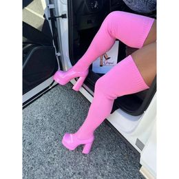 Wild Women Knitted Thigh High Heels Boots Pink Red Heel Shoes 2023 Water Platform Leather PU Ladies Sexy Thick Sole Sock Boot 231220