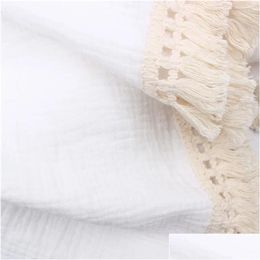 Blankets Swaddling Solid Color Tassel Blanket Childrens Gauze Wrapped Towel Baby Carriage Summer Air Conditioner Quilt Infant Accessor Dhkpf