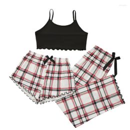 Women's Sleepwear 3-Piece Plaid Print Sleep Set Solid Cami Top Bow Shorts Lounge Pants Casual & Comfy Pyjamas Loungewear