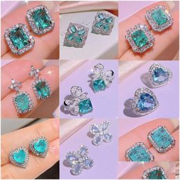 Stud 925 Sterling Sier Heart Love Stud Earrings For Women 18K Rose Gold Shining Square Elegant Crystal Blue Diamond Ear Rings Designer Dhtdm