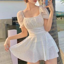 Wear 2022 Korean Trendy Women's Swimsuit OnePiece Solid White SquareCut Collar Puff Sleeve Back Bow Lady Skirt Swimming Suit