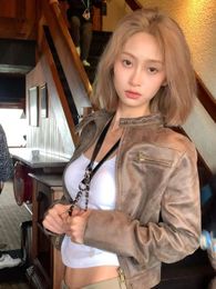 Vintage Distressed Varsity Leather Jacket Fall Zippers Coat For Women Maillard Cropped Jacket High Quality Streetwear 231220