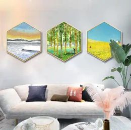 hexagon Flat diamond encrusted crystal porcelain painting abstract geometric wall artwork shaped home wall decoration modern