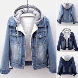 Women Winter Jacket Hooded Solid Long Sleeves Detachable Hat Thick Keep Warm Singlebreasted Plus Size Plush Denim Coat 240106