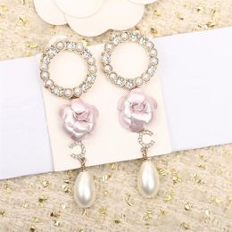 2023 Luxury quality Charm drop earring with diamond and nature shell beads flower deisgn in pink Colour have box stamp PS7961A2311