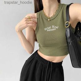 Women's Tanks Camis Women's Tank Top Ribbed Knitted Embroidery Letter Vest Fe Summer Clothing Crop top White Black Casual Short Tight Sport Tops L231220