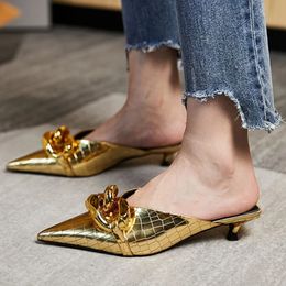 Dress Shoes Brand Women Slipper Fashion Gold Chain Sandal Ladies Pointed Toe Slip on Mules Thin Low Heel Slide s 231219