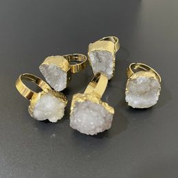 Band Rings 6pcs natural white crystal cluster Rings Resizable Stone Charms gold colour Open Hammered Cuff for jewelry making 231219