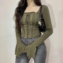 Women's T Shirts Vintage Y2k Trim Lace Up Crop Top Square Collar Full Sleeve Shirt Women Harajuku Grunge Fairycore Pullovers Korean Chic Tee