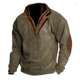 Men's Hoodies Vintage Stand Collar Zip Sweatshirts Streetwear Spring Fall Long Sleeve PU Leather Splice Pullover Casual Solid Polo Top