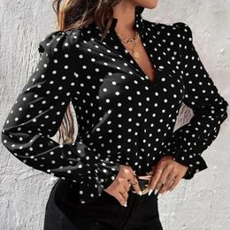 Women's Blouses Women Casual Loose Long Sleeve Shirts Crewneck Solid Tops Blouse Polka Dot Petal V Neck Button Up