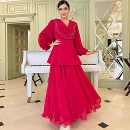 Elegant Chiffon A Line Prom Dresses V Neck Long Sleeve Ankle Length Evening Party Gown Ruched Layered Female Maxi Dress