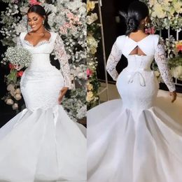 2024 Plus Size Aso Ebi Wedding Dresses Mermaid Elegant Lace Organza Beaded Dress for African Black Women Long Sleeves Bridal Gowns CDW085