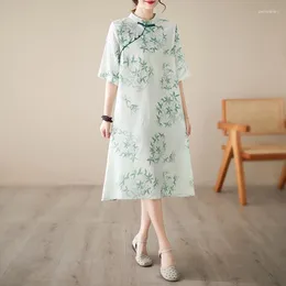 Party Dresses 2023 Arrival Thin Light Soft Print Floral Beading Vintage Chinese Style Summer Dress Robes Fashion Women Casual Midi