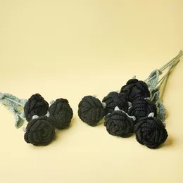 Decorative Flowers 1pc Artificial Black Knitted Rose DIY Bouquet Handmade Crochet Decoration Wedding Flower Valentine's Mother's Day Gift