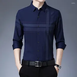 Men's Casual Shirts Spring And Autumn Polo Collar Single Breasted Stripe Contrast Printed Shirt Cardigan Coat Fashion Formal Tops