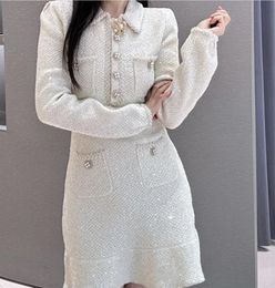Self port * rain 2024 early spring new French style small fragrance white solid Colour lapel long sleeved small fragrance knitted dress