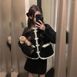 Women's Jackets Chinese Style Woollen Black Jacket For Women Fashion Autumn Winter Long Sleeve Outwear Coats Elegant O Neck Cardigan Tops