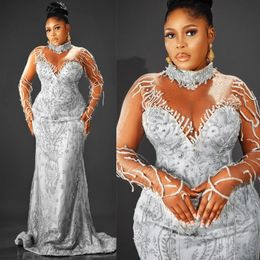 Luxurious Plus Size Aso Ebi Wedding Dresses Mermaid High Neck Long Sleeves Elegant Bridal Gowns African Black Women Lace Dress For Brides Sier Applique D072 407