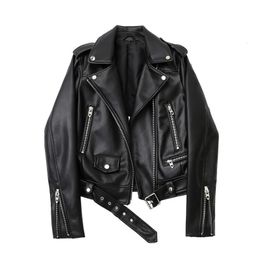 ZVRI Spring and Autumn 2023 faux leather PU jacket with belt women's lapel motorcycle black zip biker 231220