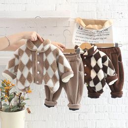 Clothing Sets 2023 Autumn Winter Thick Warm Baby Argyle Plaid Jacket Coat Pants 2pcs Outfit Suit Kids Boys Girls Clothes