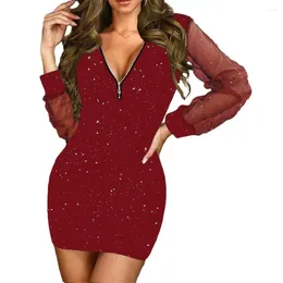 Casual Dresses Dress Zipper V Neck See-through Mesh Patchwork Long Sleeve Sheath Slim Fit High Waist Shiny Sequin Fall Spring Mini