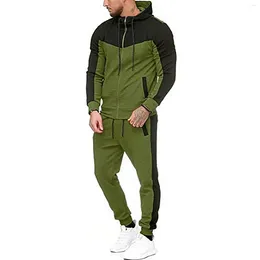 Men's Tracksuits Autumn And Winter Colour Matching Leisure Sports Cardigan Hooded Suit Fleece Men Suits Slim Fit 3 Piece Fashion