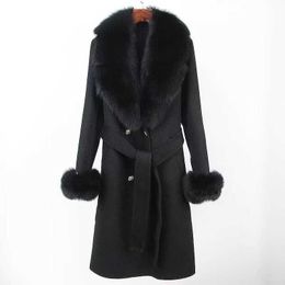 Women's Fur Faux Fur Real Fur Long Women Wool Cashmere Blended Coat with Big Collar Fashion Winter Jacket Double Breasted Belt Outwear Cuffs