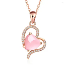 Pendant Necklaces Trendy Necklace Rose Gold Colour CZ Pink Opal Choker Heart Synthetic Ross Quartz For Women Gift Drop Jewellery