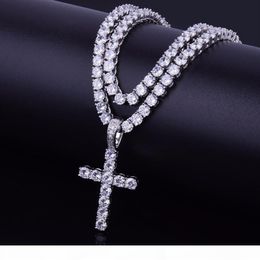 Iced Out Zircon Cross Pendant With 4mm Tennis Chain Necklace Set Men's Hip hop Jewelry Gold Silver CZ Pendant Necklace Set347z