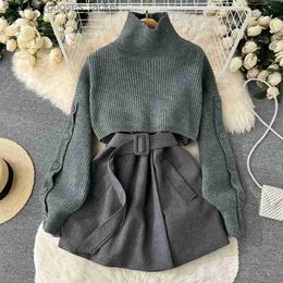 Two Piece Dress Women's Autumn and Winter Knitted Two-Piece Single-Breasted High Neck Short Pullover Sweater V-Neck Vest Dress L231221