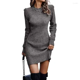 Casual Dresses Women Solid Colour Knitted Wrap Hip Dress Autumn Winter Crew Neck Pullover Long Sleeve Dressy Female Knitwear Slim Fit Short