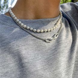 Retro Creative Geometric Design Imitation Pearl Necklace Personality Hip Hop Style Men and Women Same Jewelry Accessories Gift234W