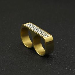 Men 18k Gold Plating Round Wedding Ring Retro Silver rhinestone Two Finger Double steel Size 6-15262n