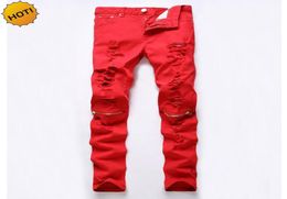 Fashion 2017 Mens skinny jeans men Stretch Red Color jeans Men Hip Hop Straight Hole Ripped Knee Cut Zipper Club Hip Hop Pants3090583