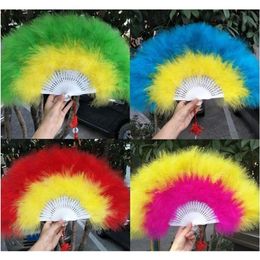 Party Decoration Colour Thicken Fluffy Folding Marabou Feather Hand Fan Women Girls Dance QERFORMANCE222r