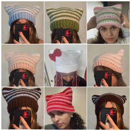 Japanese Beanie Hat Girls Y2k Cat Ear Knitted Hat Autumn and Winter Cute Cat Ears Pointed Pullover Women Striped Hat 231221