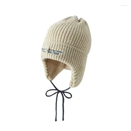 Berets Korean Cute Ear Protect Wool Beanie Hat Women Autumn Winter Warm Pullover Knitted Striped Bommer Male