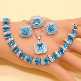 Necklace Earrings Set Sterling Silver Sky Blue Stones Cubic Zirconia For Women Earrings/Pendant/Necklace/Ring/Bracelet