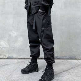 Unisex Functional Multi-pocket Cargo Pants Elastic Waist Overalls Men's Clothing Haruku Hiphop Streetwear Ribbon Leggings