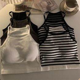 Women's Tanks Casual Women Tank Tops Thread Solid Fashion Crop Top With Chest Pad Korean Version Stripe Sleeveless OuterWear Basic Camisole