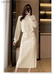 Two Piece Dress Elegant Half Turtleneck Plaid Sweaters Tops+slim High Waist Knitwear Skirts 2 Piece Sets Women New Streetwear Pullover Tracksuit L231221