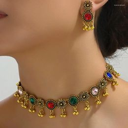 Necklace Earrings Set Kymyad Vintage Crystal Flower Chunky For Women Metal Ball Beads Decoration Jewellery