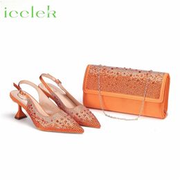 Burn Orange 2023 Italian Design Luxury Women s Shoes And Purse Full Diamond Decoration Big Capacity Hand Bag 231220