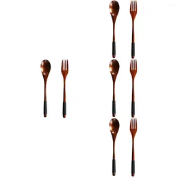 Dinnerware Sets Set Of 4 Japanese Wooden Handle Fork Spoon Convenient Flatware Daily Use Tableware