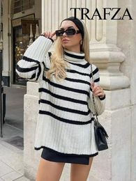 Women's Sweaters TRAFZA Women Turtleneck Knitted Pullover Striped Long Sleeve Sweater Fashion 2023 Autumn Jumpers Streetwear Knitwear Top